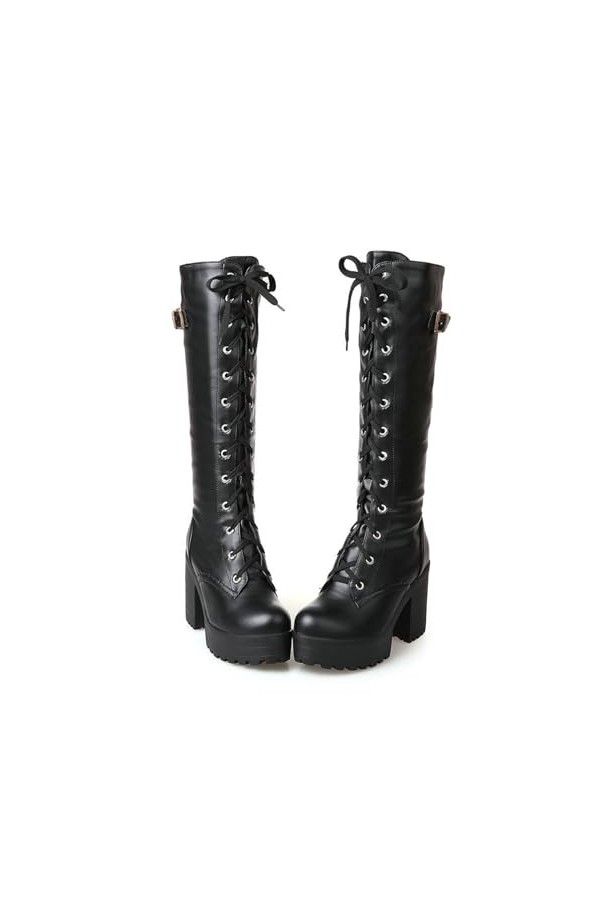 WOkismD 9.5CM / 3.74IN Bottes hautes pour femmes Bottes à lacets à la mode à semelles épaisses rétro à talons épais pour femm