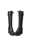 WOkismD 9.5CM / 3.74IN Bottes hautes pour femmes Bottes à lacets à la mode à semelles épaisses rétro à talons épais pour femm