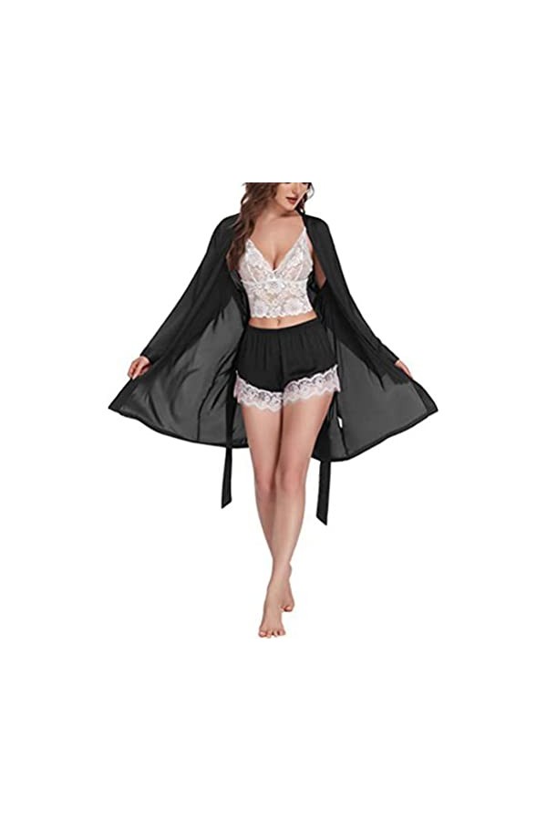 Onsoyours Lingerie Sexy Femme Ensemble Col en V Lingerie en Dentelle Sexy Ensemble sous-Vêtements Confortable Kimono Robe De 