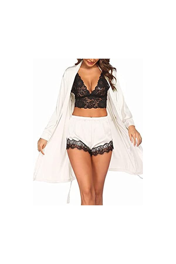 Onsoyours Lingerie Sexy Femme Ensemble Col en V Lingerie en Dentelle Sexy Ensemble sous-Vêtements Confortable Kimono Robe De 