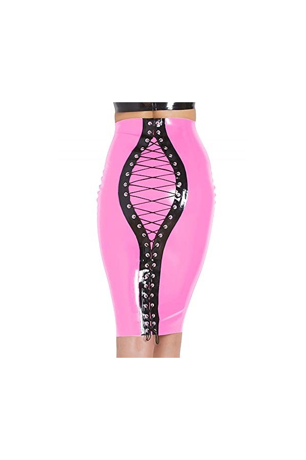 UUKR Femmes genou Longueur Jupes Look humide Plus Taille Jupe PVC Vintage Retour Dossier Bandage Bandage Bandage Météo NightC