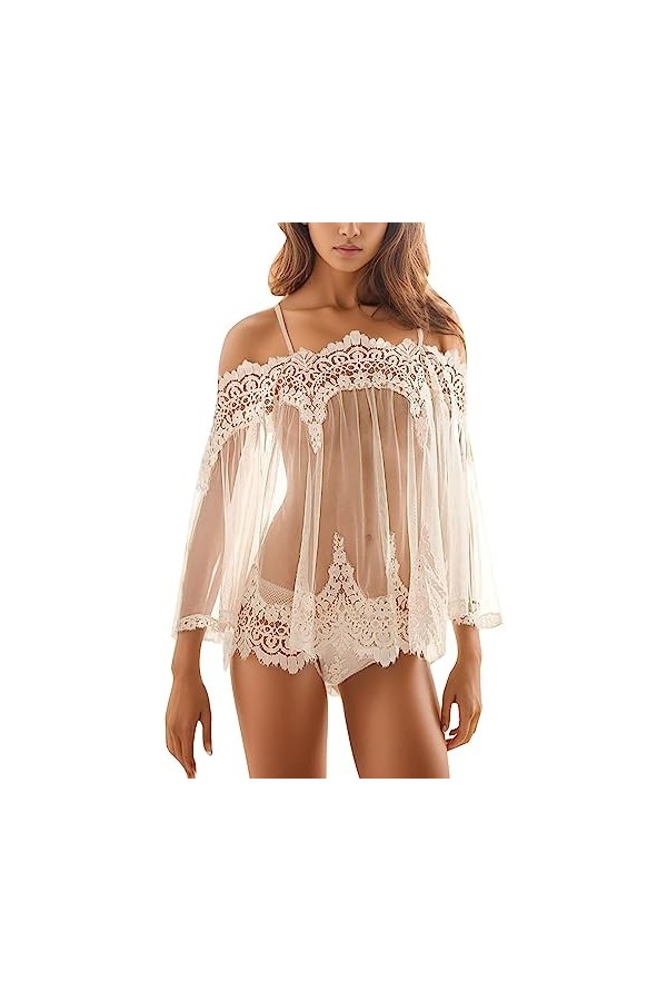 Junhasgood Lingerie Dentelle Homme Sexy Dentelle Robe de Nuit + G-String sous Vêtements Coton White, XL 