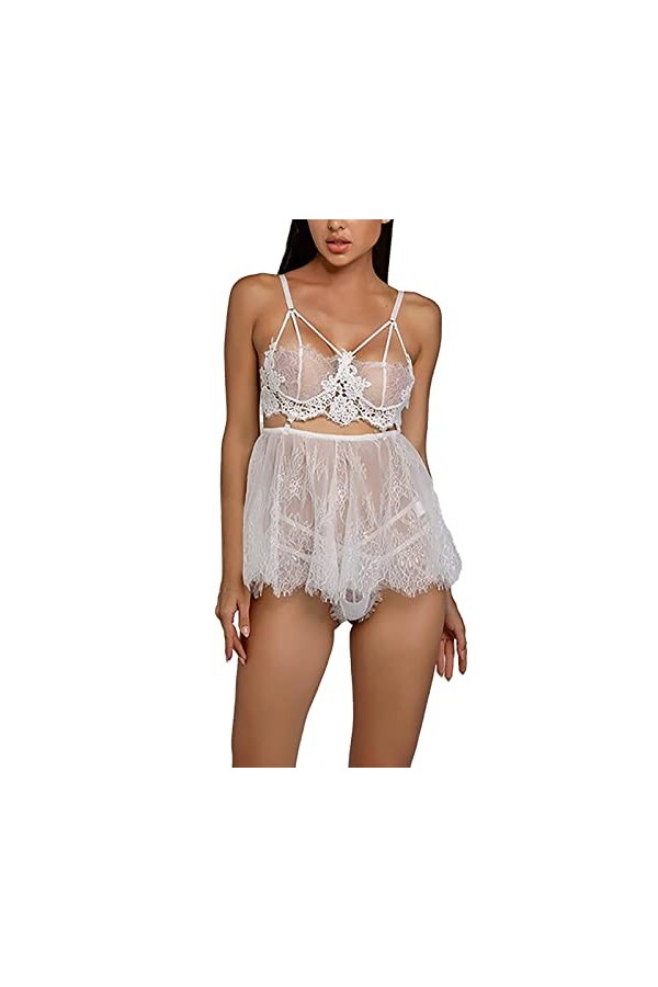 Junhasgood Lingerie Dentelle Homme Sexy Dentelle Robe de Nuit + G-String sous Vêtements Coton White, XL 