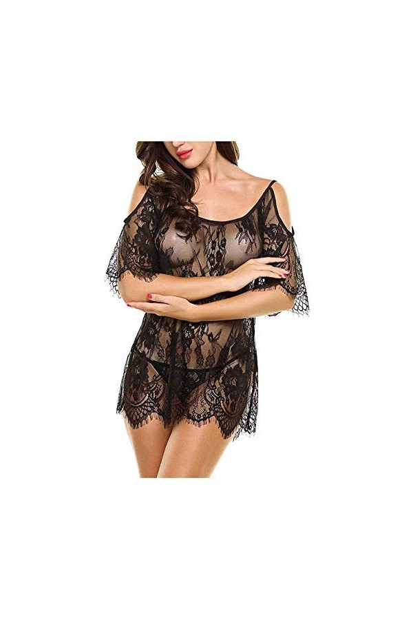 Junhasgood Lingerie Dentelle Homme Sexy Dentelle Robe de Nuit + G-String sous Vêtements Coton White, XL 