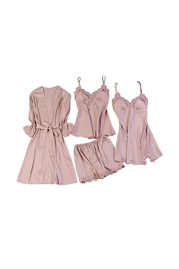 Pyjama 4 pièces pour femme - Lingerie sexy en satin - Pyjama Cami - Vêtement de nuit en soie glacée - Chemise de nuit dhiver