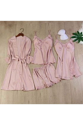 Pyjama 4 pièces pour femme - Lingerie sexy en satin - Pyjama Cami - Vêtement de nuit en soie glacée - Chemise de nuit dhiver