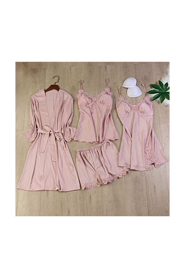 Pyjama 4 pièces pour femme - Lingerie sexy en satin - Pyjama Cami - Vêtement de nuit en soie glacée - Chemise de nuit dhiver