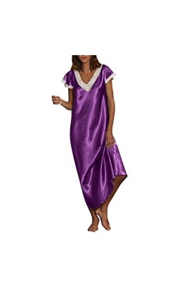 Pyjama dhiver pour femme - Robe de nuit - Col en V - Grandes tailles - Dentelle - Décoration - Chemise de nuit - Lignes A - 