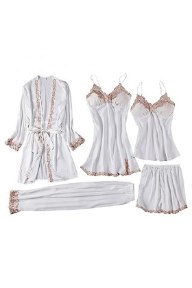 Pyjama en soie glacée pour femme - Col en V - Robe de nuit sexy - Lingerie sexy - Dentelle - Décoration - Chemise de nuit - C