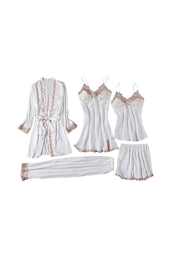 Pyjama en soie glacée pour femme - Col en V - Robe de nuit sexy - Lingerie sexy - Dentelle - Décoration - Chemise de nuit - C