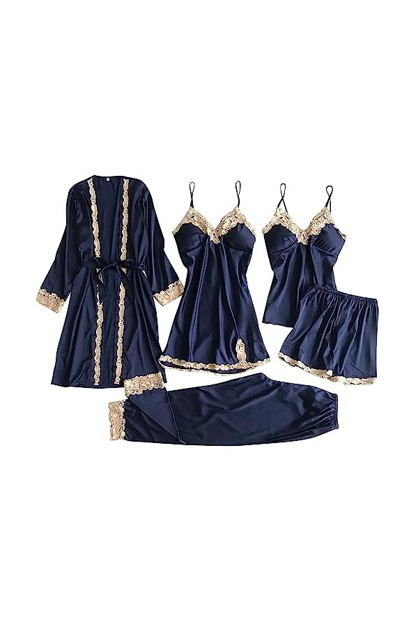 Pyjama en soie glacée pour femme - Col en V - Robe de nuit sexy - Lingerie sexy - Dentelle - Décoration - Chemise de nuit - C