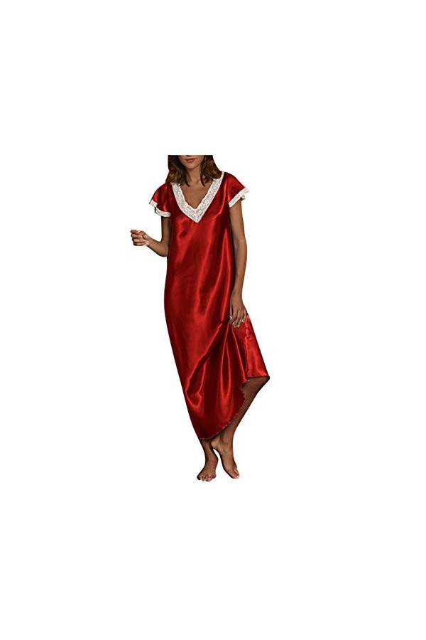 Pyjamas Femme Couleur unie Full Slip Miederkleider V Ausschnitt Satin Nachtwäsche Spitze Dekoration Nachthemd Uniformen Unter
