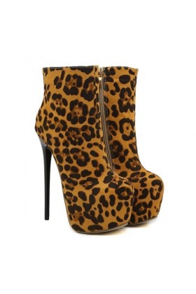 WOkismD Bottes Courtes À Talons Super Hauts Imprimé Léopard Sexy Pour Boîte De Nuit 16CM/6,29 Pouces Mode,Marron,39 EU