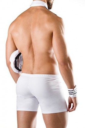 Costume de capitaine blanc sexy pour homme avec short, bonnet, col, poignets et cravate, déguisement Roleplay