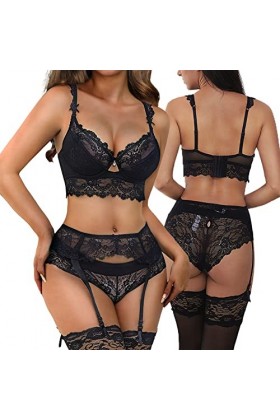 Lingerie féminine 4 pièces Sexy Soutien-Gorge Knickers Jarretière Ceinture Tentation Set