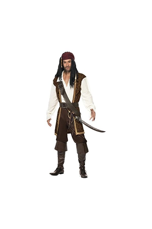 Smiffys Costume pirate de haute mer, marron, avec haut, pantalon short, baudrier, ceinture - Taille L 