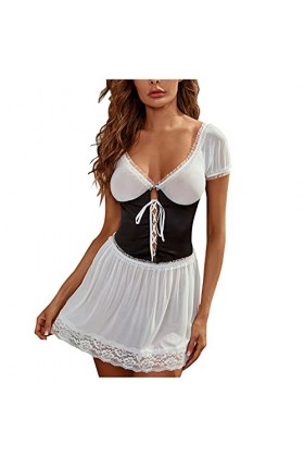 LKRSEEF Ecoliere Dress Femme Soubrette Coquin Unique Ensemble French Sexy Pute Costume Maid Babydoll Tablier Ménage Robe Sail