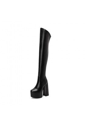 WOkismD 14.5CM / 5.7IN Hiver Round Toe Haut Talon Sur Le Genou Bottes Épais Talon Sexy Discothèque Élastique Haute Bottes,Noi
