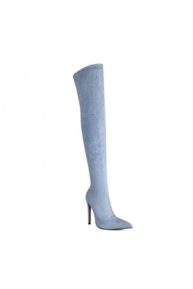 WOkismD 12CM/4.72IN Femmes Sexy Denim Cuisse Haute Bottes Bout Pointu Stiletto Talon Courtes Bottes Sur Le Genou Haute Talon 