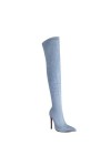WOkismD 12CM/4.72IN Femmes Sexy Denim Cuisse Haute Bottes Bout Pointu Stiletto Talon Courtes Bottes Sur Le Genou Haute Talon 