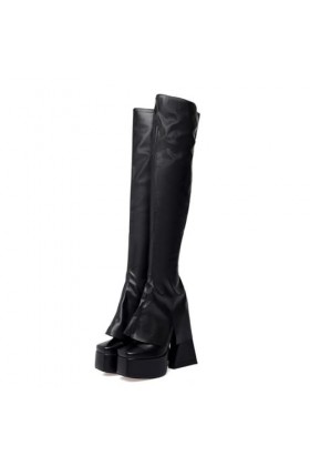 WOkismD 14CM / 5.51IN Bottes hautes à semelles épaisses Noir Over-The-Knee Slim Pantalon Bottes Straight Square Head Knight B
