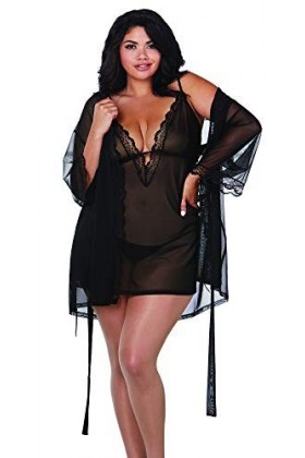 Dreamgirl Plus Size Stretch Mesh Chemise & Robe Set Lingerie, Schwarz, 1X Femme