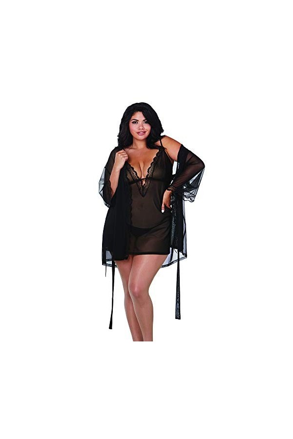 Dreamgirl Plus Size Stretch Mesh Chemise & Robe Set Lingerie, Schwarz, 1X Femme