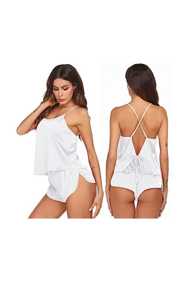 Alienjoy Pyjama sexy en satin doux pour femme - 2 pièces - Cravate en soie à larrière - Haut cami - Short de sommeil - Ensem