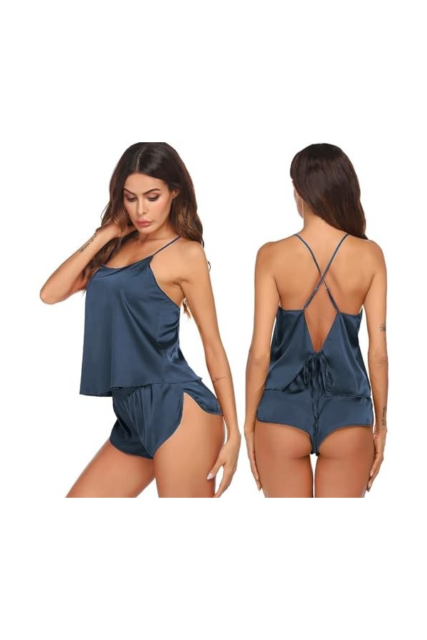 Alienjoy Pyjama sexy en satin doux pour femme - 2 pièces - Cravate en soie à larrière - Haut cami - Short de sommeil - Ensem