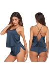 Alienjoy Pyjama sexy en satin doux pour femme - 2 pièces - Cravate en soie à larrière - Haut cami - Short de sommeil - Ensem