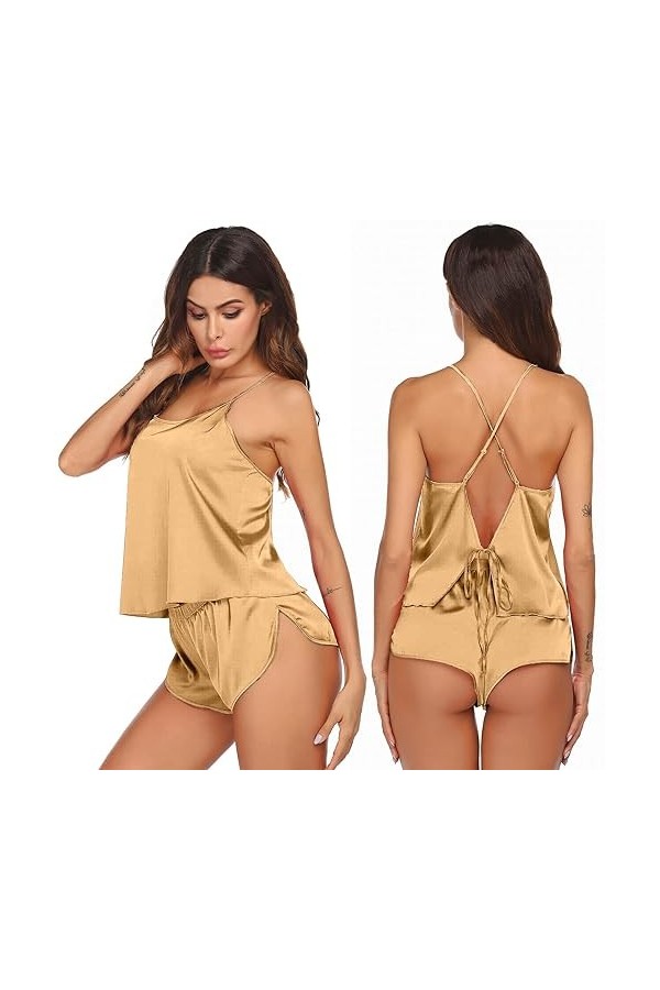 Alienjoy Pyjama sexy en satin doux pour femme - 2 pièces - Cravate en soie à larrière - Haut cami - Short de sommeil - Ensem