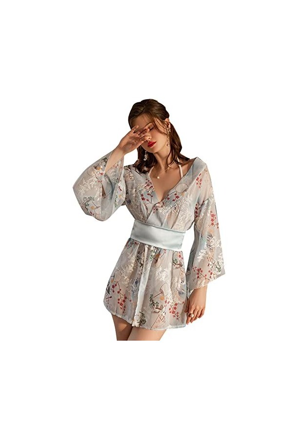 SINSINQUEEN Pyjama sexy pour femme - Style chinois - Kimono japonais - Geisha asiatique 15 bleu clair