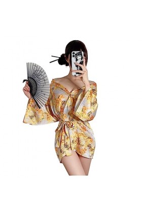 Temptshow Ensemble de lingerie kimono sexy pour femme avec bretelles imprimées, jaune, taille unique