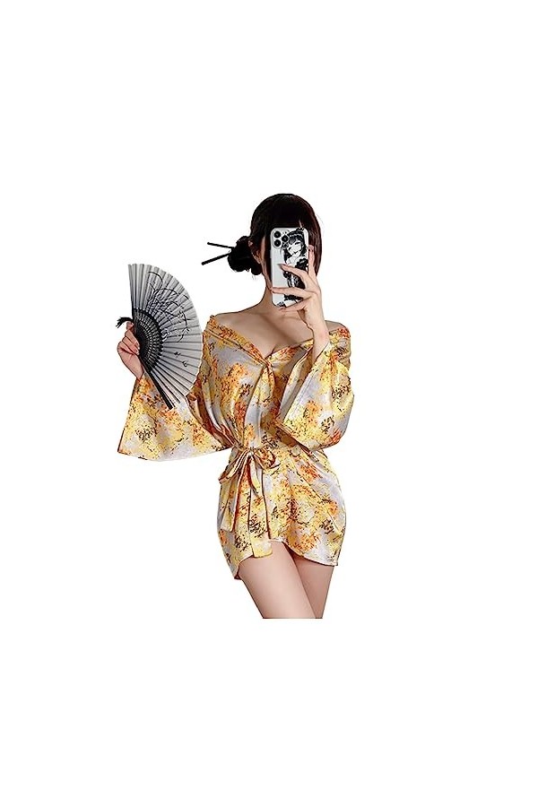 Temptshow Ensemble de lingerie kimono sexy pour femme avec bretelles imprimées, jaune, taille unique