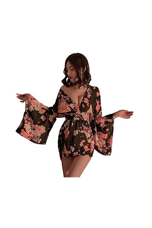 Temptshow Ensemble de lingerie kimono sexy pour femme avec bretelles imprimées, jaune, taille unique