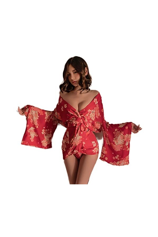 Temptshow Ensemble de lingerie kimono sexy pour femme avec bretelles imprimées, jaune, taille unique