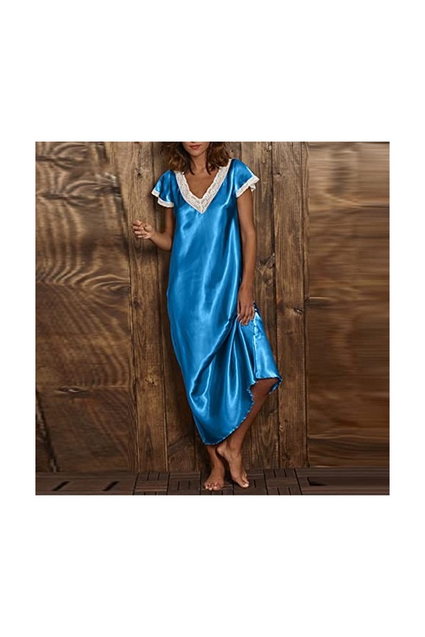 Pyjama dhiver pour femme - Robe de nuit - Col en V - Grandes tailles - Dentelle - Décoration - Chemise de nuit - Lignes A -