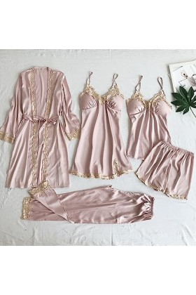 Pyjama en soie glacée pour femme - Col en V - Robe de nuit sexy - Lingerie sexy - Dentelle - Décoration - Chemise de nuit - C