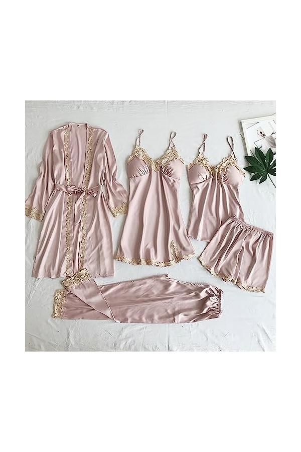 Pyjama en soie glacée pour femme - Col en V - Robe de nuit sexy - Lingerie sexy - Dentelle - Décoration - Chemise de nuit - C