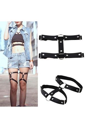 alisikee Lot de 2 Harnais de Jambe en Cuir élastique réglable 2 rangées Style Punk pour Femme - Noir - Taille M