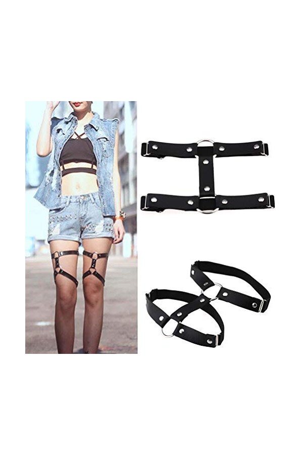 alisikee Lot de 2 Harnais de Jambe en Cuir élastique réglable 2 rangées Style Punk pour Femme - Noir - Taille M
