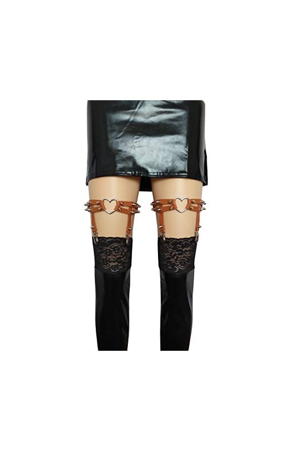 Grande taille Gros Cuisses Épais Jarretière Fille Sexy en Cuir Coeur Jarretières Punk Rock Rivet Stud Jambe Ring 2 pièces - M