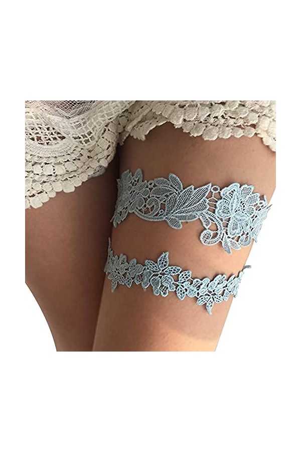 Taube Jarretière de mariage pour mariée extensible en dentelle avec perles et strass, Dentelle bleue., taille unique