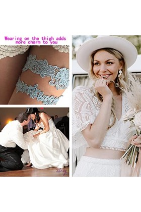 Taube Jarretière de mariage pour mariée extensible en dentelle avec perles et strass, Dentelle bleue., taille unique