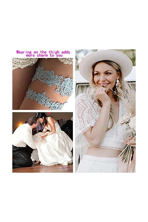 Taube Jarretière de mariage pour mariée extensible en dentelle avec perles et strass, Dentelle bleue., taille unique