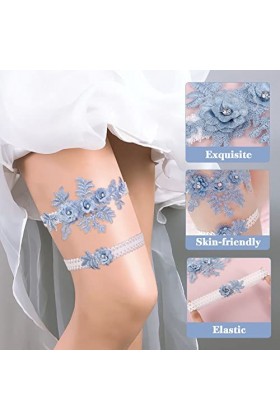 Amosfun Lot de 2 jarretelles de mariage en dentelle avec strass élastiques pour demoiselle dhonneur, mariage, décoration ble