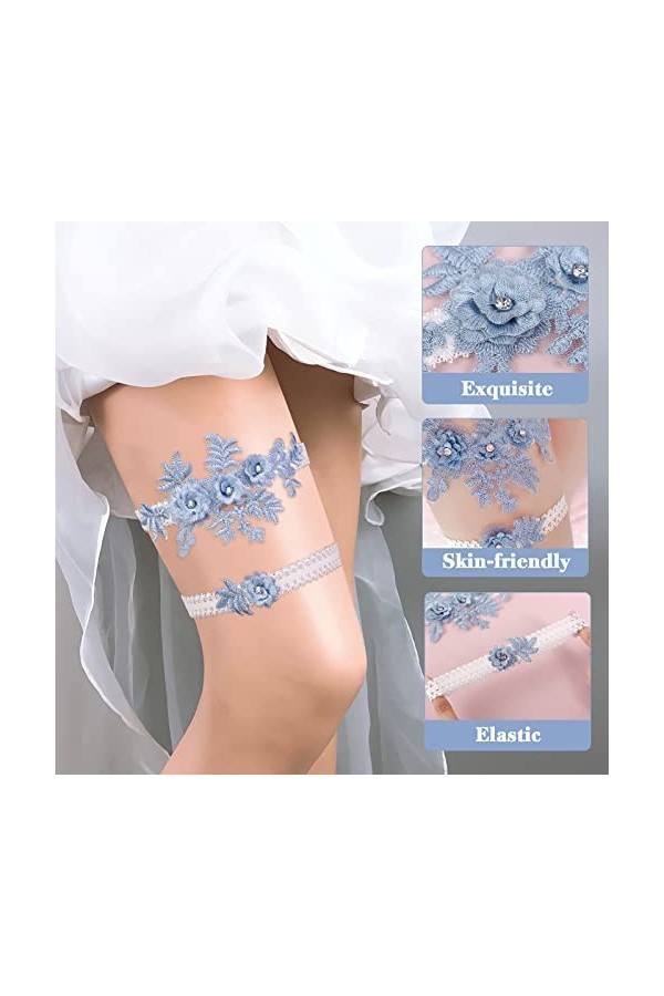 Amosfun Lot de 2 jarretelles de mariage en dentelle avec strass élastiques pour demoiselle dhonneur, mariage, décoration ble
