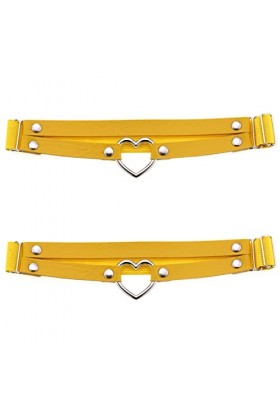 Lot de 2 porte-jarretelles élastiques réglables en cuir synthétique pour femme et fille Motif cœur gothique 2 rangées, jaune,
