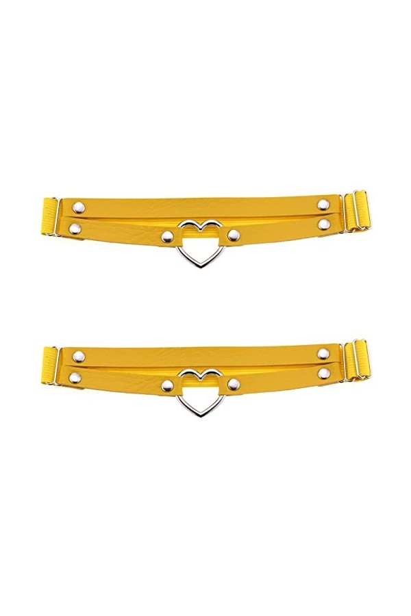 Lot de 2 porte-jarretelles élastiques réglables en cuir synthétique pour femme et fille Motif cœur gothique 2 rangées, jaune,