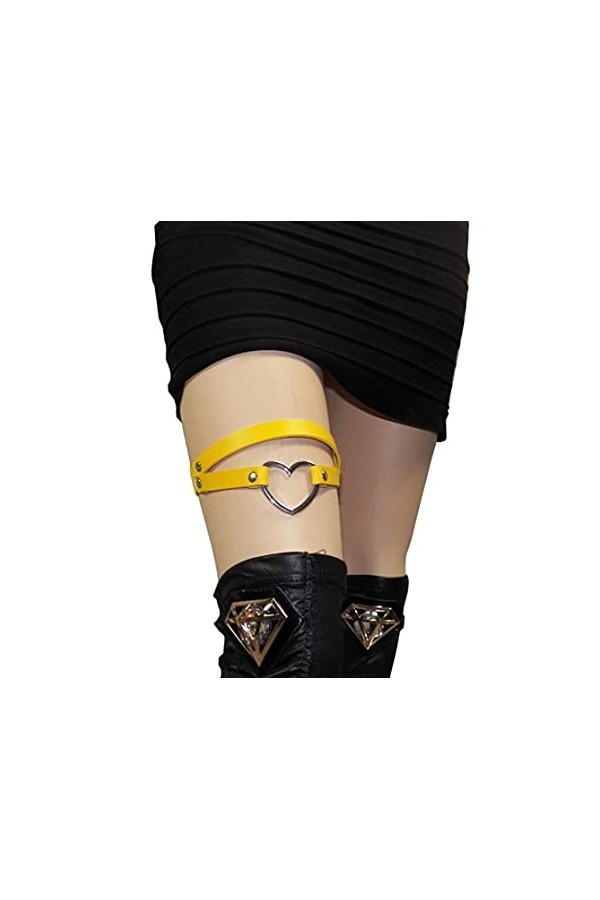 Lot de 2 porte-jarretelles élastiques réglables en cuir synthétique pour femme et fille Motif cœur gothique 2 rangées, jaune,